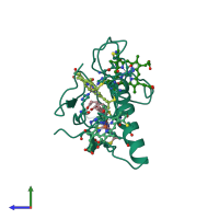 PDB entry 2cy3 coloured by chain, side view.
