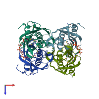 PDB entry 2cye coloured by chain, top view.