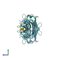 PDB entry 2cyf coloured by chain, side view.