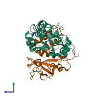 PDB entry 2cyz coloured by chain, side view.