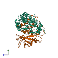 PDB entry 2cz1 coloured by chain, side view.