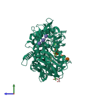 PDB entry 2d0f coloured by chain, side view.