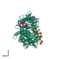 PDB entry 2d0g coloured by chain, side view.