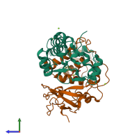 PDB entry 2d0q coloured by chain, side view.