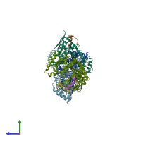 PDB entry 2d11 coloured by chain, side view.