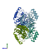 PDB entry 2d13 coloured by chain, side view.