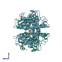 PDB entry 2d1f coloured by chain, side view.