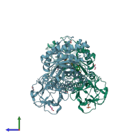 PDB entry 2d20 coloured by chain, side view.