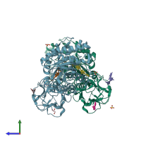 PDB entry 2d24 coloured by chain, side view.