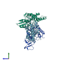 PDB entry 2d2z coloured by chain, side view.
