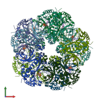 PDB entry 2d3a coloured by chain, front view.