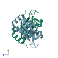 PDB entry 2d3k coloured by chain, side view.