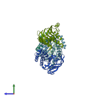 PDB entry 2d3w coloured by chain, side view.