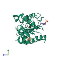 PDB entry 2d3y coloured by chain, side view.