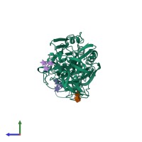 PDB entry 2d44 coloured by chain, side view.