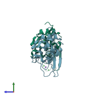PDB entry 2d4k coloured by chain, side view.