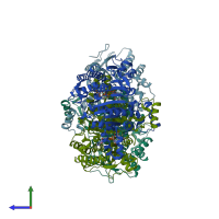 PDB entry 2d4v coloured by chain, side view.