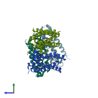 PDB entry 2d5k coloured by chain, side view.