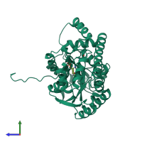 PDB entry 2d7y coloured by chain, side view.
