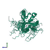 PDB entry 2d8r coloured by chain, ensemble of 20 models, side view.