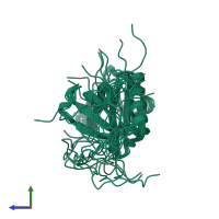 PDB entry 2d9v coloured by chain, ensemble of 20 models, side view.