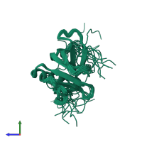 PDB entry 2d9y coloured by chain, ensemble of 20 models, side view.