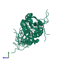 PDB entry 2dbc coloured by chain, ensemble of 20 models, side view.