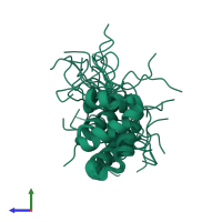 PDB entry 2dbg coloured by chain, ensemble of 20 models, side view.