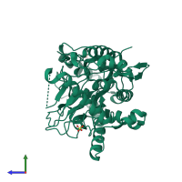 PDB entry 2dbn coloured by chain, side view.