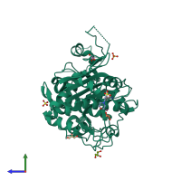 PDB entry 2dcf coloured by chain, side view.
