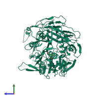 PDB entry 2dcm coloured by chain, side view.