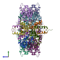 PDB entry 2dd4 coloured by chain, side view.