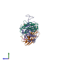 PDB entry 2dd8 coloured by chain, side view.