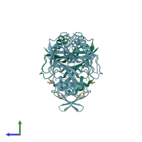 PDB entry 2ddt coloured by chain, side view.