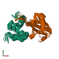 PDB entry 2den coloured by chain, ensemble of 10 models, front view.