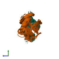 PDB entry 2den coloured by chain, ensemble of 10 models, side view.