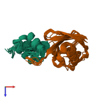 PDB entry 2den coloured by chain, ensemble of 10 models, top view.
