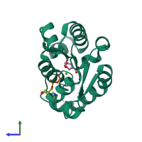 PDB entry 2dfn coloured by chain, side view.