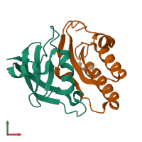 PDB entry 2dfx coloured by chain, front view.