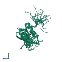 PDB entry 2dgy coloured by chain, ensemble of 20 models, side view.