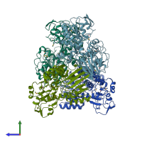 PDB entry 2dkf coloured by chain, side view.
