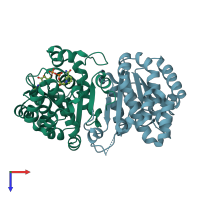 PDB entry 2dkn coloured by chain, top view.