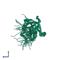 PDB entry 2dkp coloured by chain, ensemble of 20 models, side view.