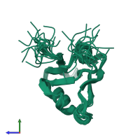 PDB entry 2dkr coloured by chain, ensemble of 20 models, side view.