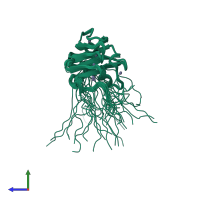 PDB entry 2dkt coloured by chain, ensemble of 20 models, side view.