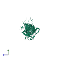 PDB entry 2dku coloured by chain, ensemble of 20 models, side view.