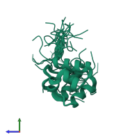 PDB entry 2dkz coloured by chain, ensemble of 20 models, side view.