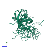 PDB entry 2dl5 coloured by chain, ensemble of 20 models, side view.