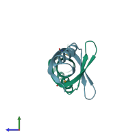 PDB entry 2dlb coloured by chain, side view.