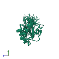 PDB entry 2dml coloured by chain, ensemble of 20 models, side view.
